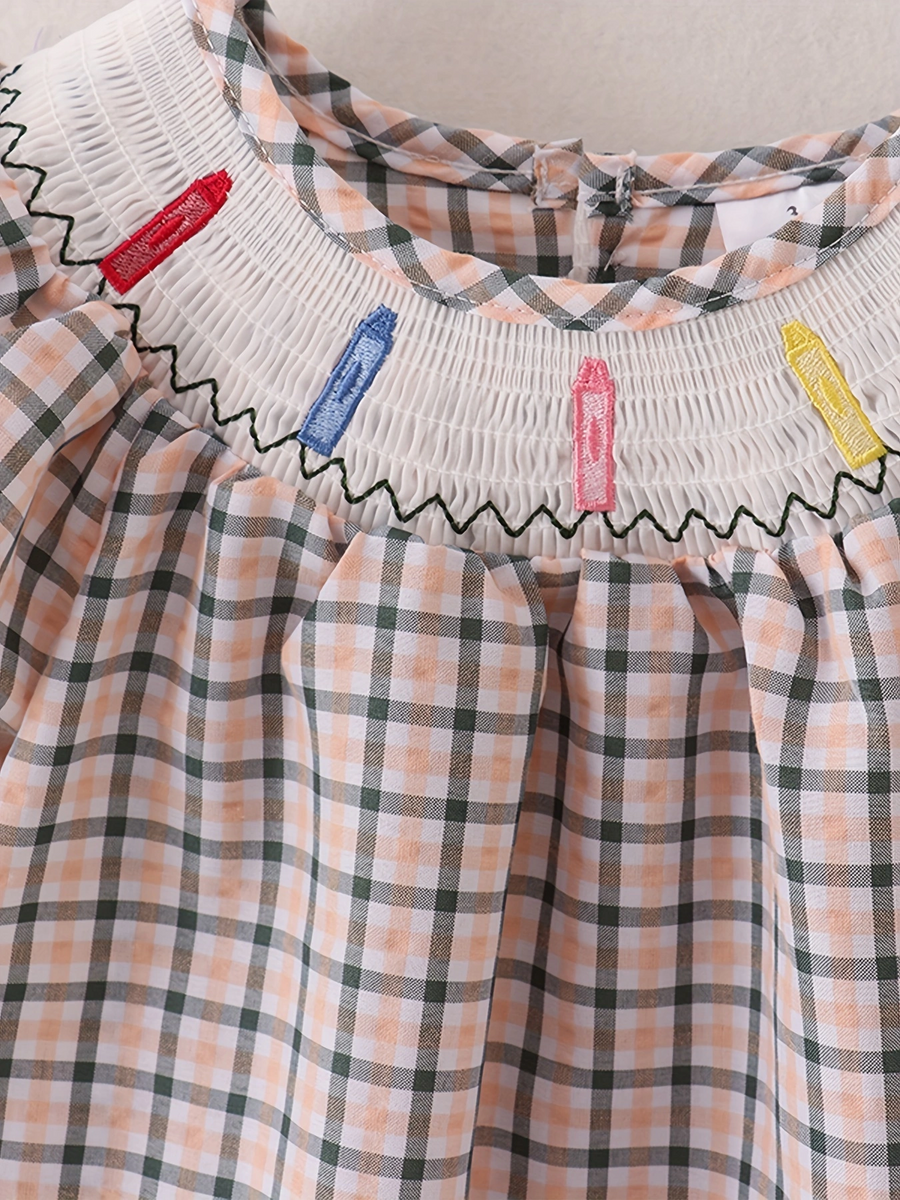 Girls Back to School Smocking Pencil Apple Embroidery Plaid Casual Dress