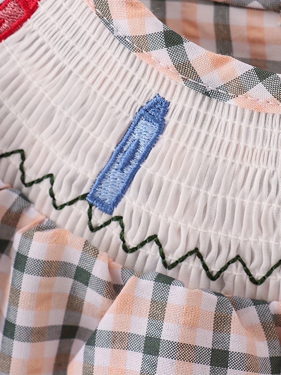Girls Back to School Smocking Pencil Apple Embroidery Plaid Casual Dress