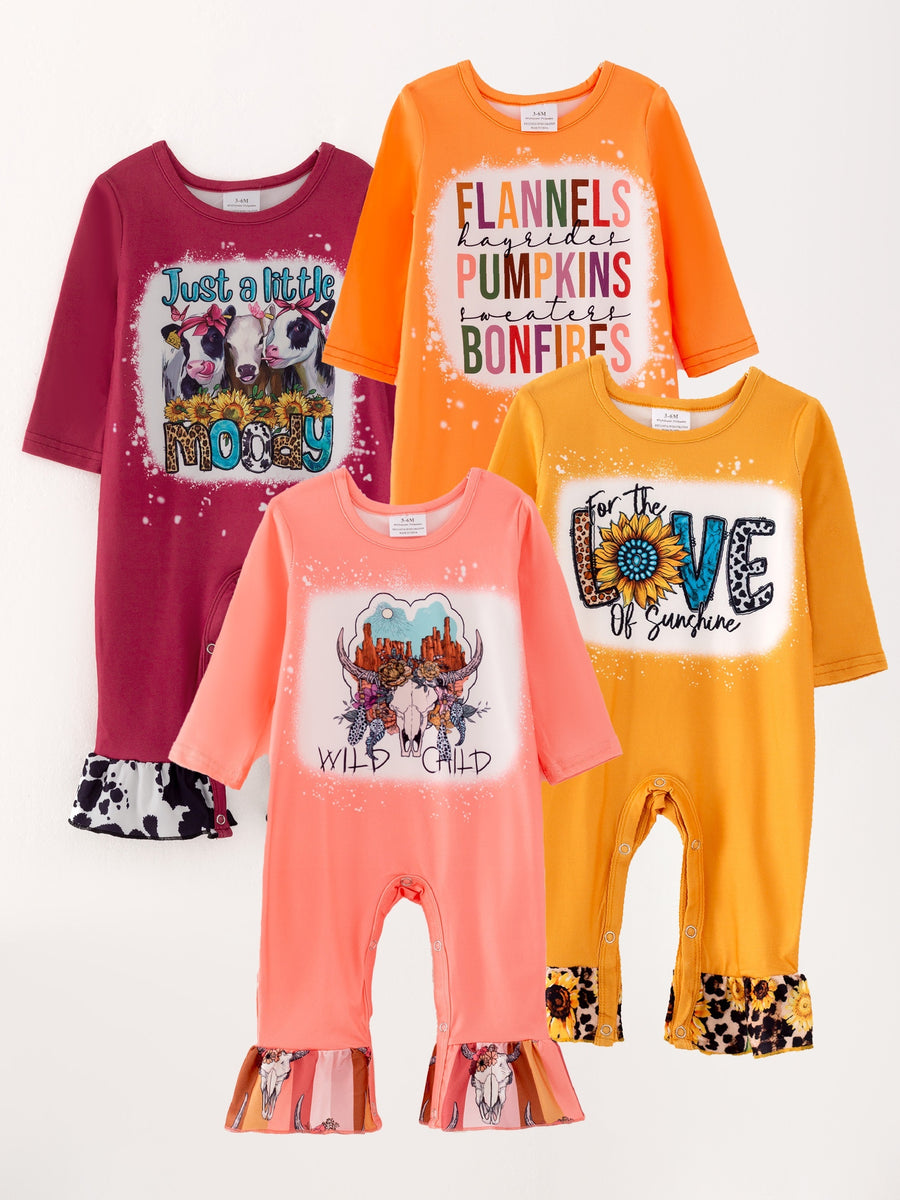 4 piece Baby Girl Autumn /Winter Letter Leopard Floral Ruffle Romper Set