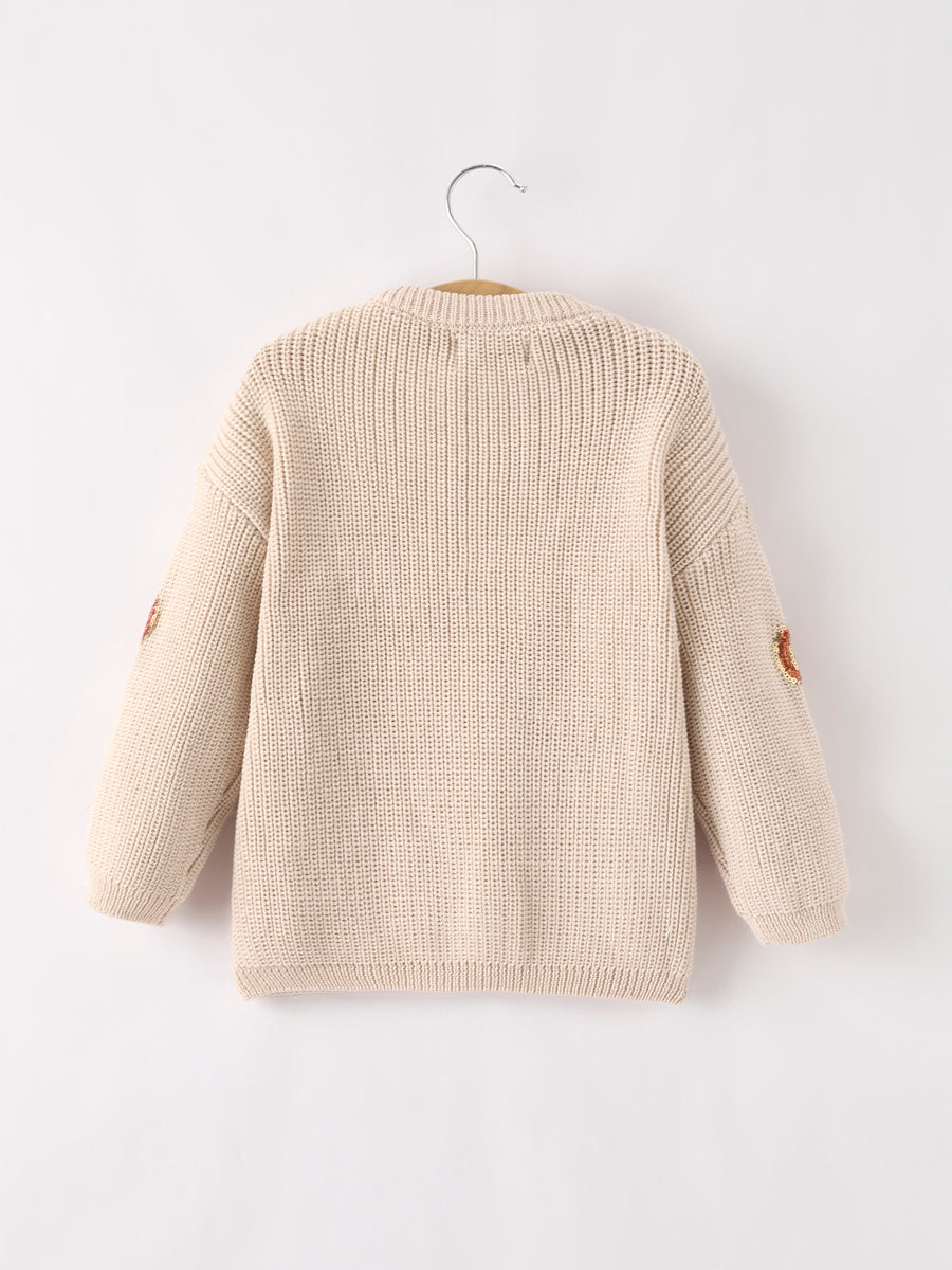 Thanksgiving Halloween Pumpkin Sequin Sweater – Beige, Perfect for Fall