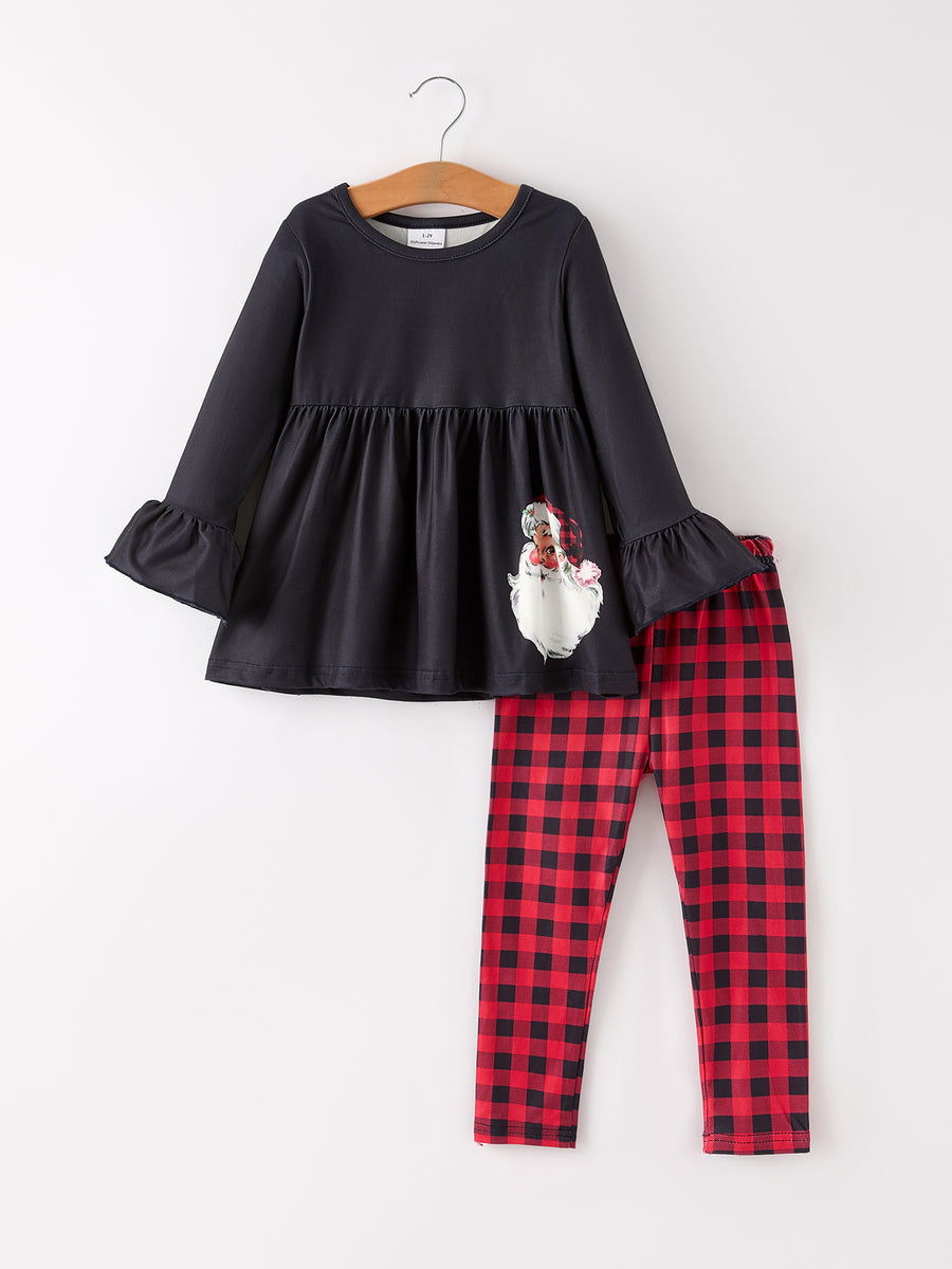 Winter Christmas Santa Claus Print Casual Plaid Girls Set