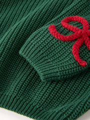 Christmas Winter Bow Dark Green Girls Pullover Sweater