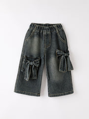 Girls Bow Stretch Wide-Leg Jeans