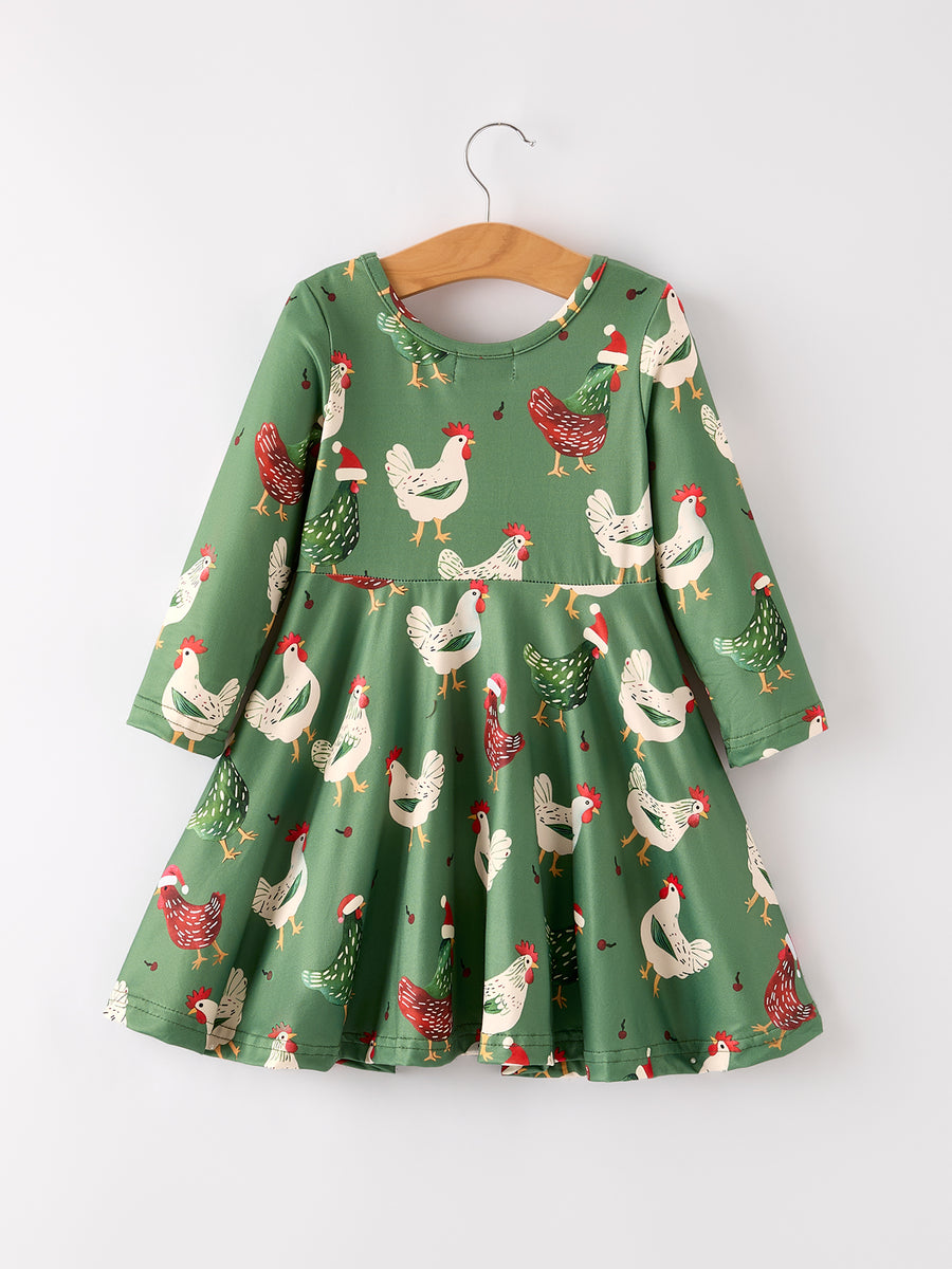 Christmas Farm Chicken Print Dress – Green, Long Sleeve