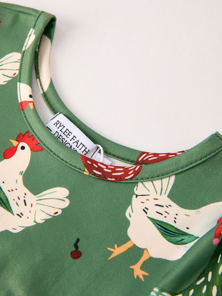 Christmas Farm Chicken Print Dress – Green, Long Sleeve