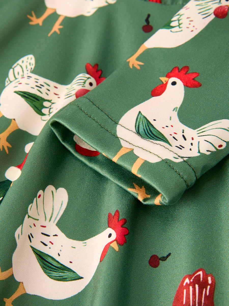 Christmas Farm Chicken Print Dress – Green, Long Sleeve