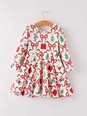 Christmas Candy Cane Gift Print Girls Dress