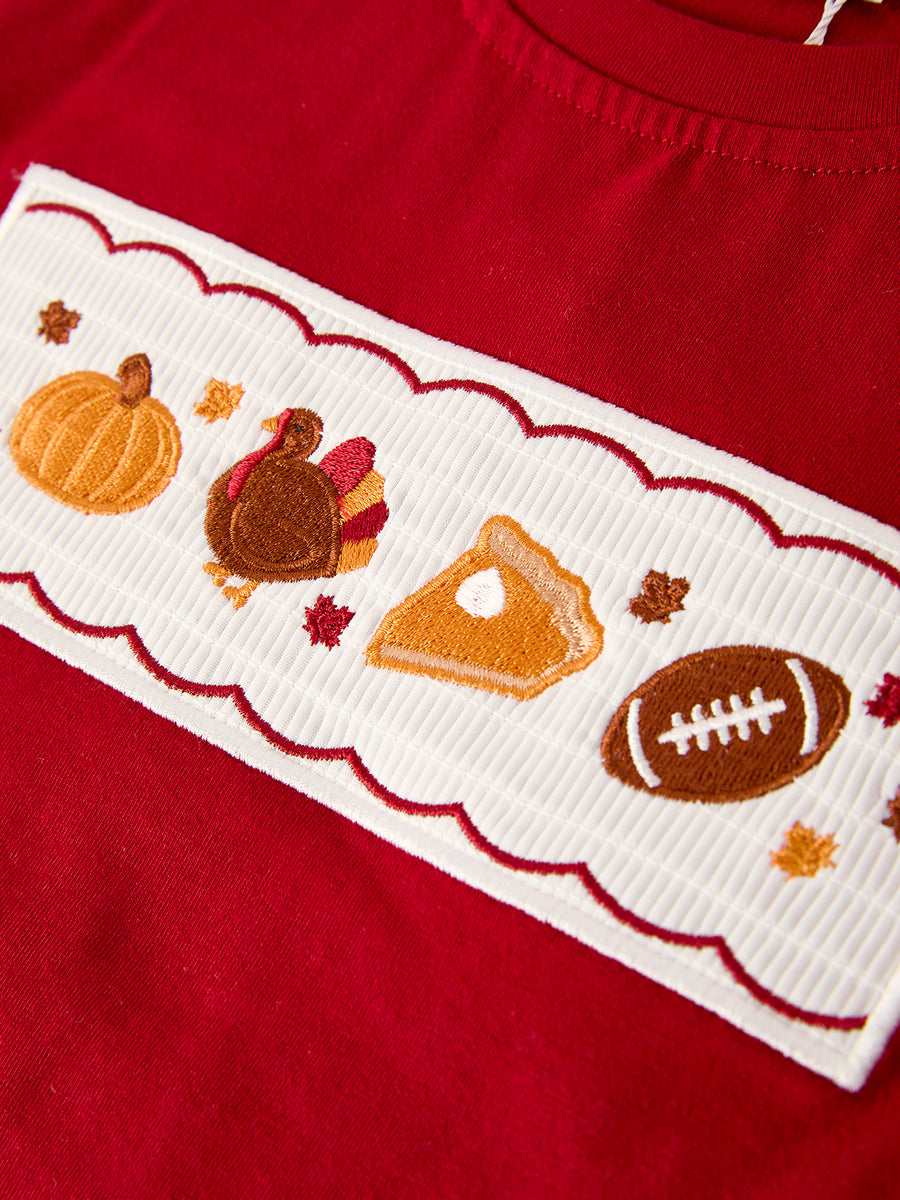 Fall Embroidered Boy Set – Orange Checkered with Halloween Details