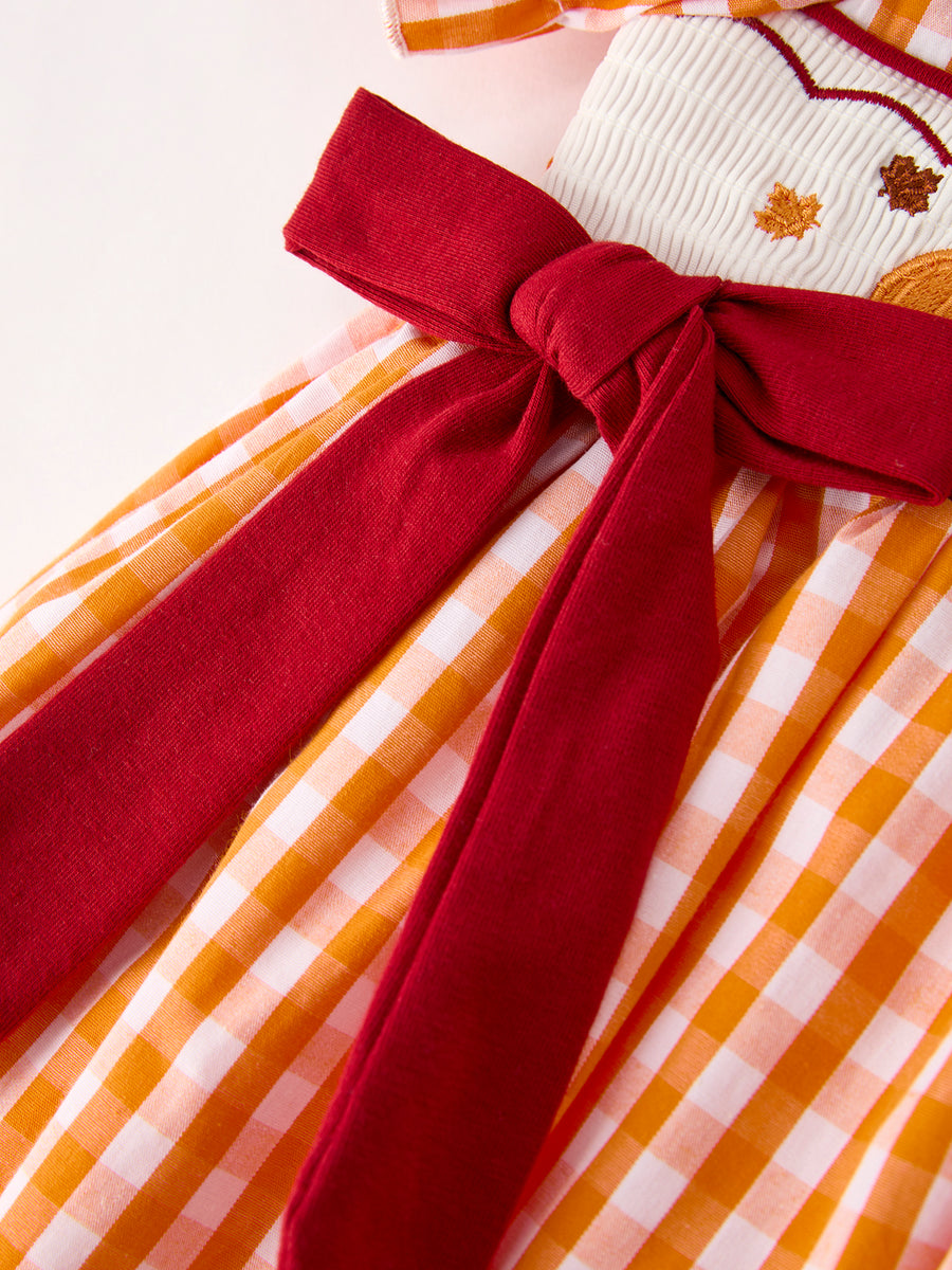 Fall Embroidered Dress for Girls – Orange Checkered with Halloween Details