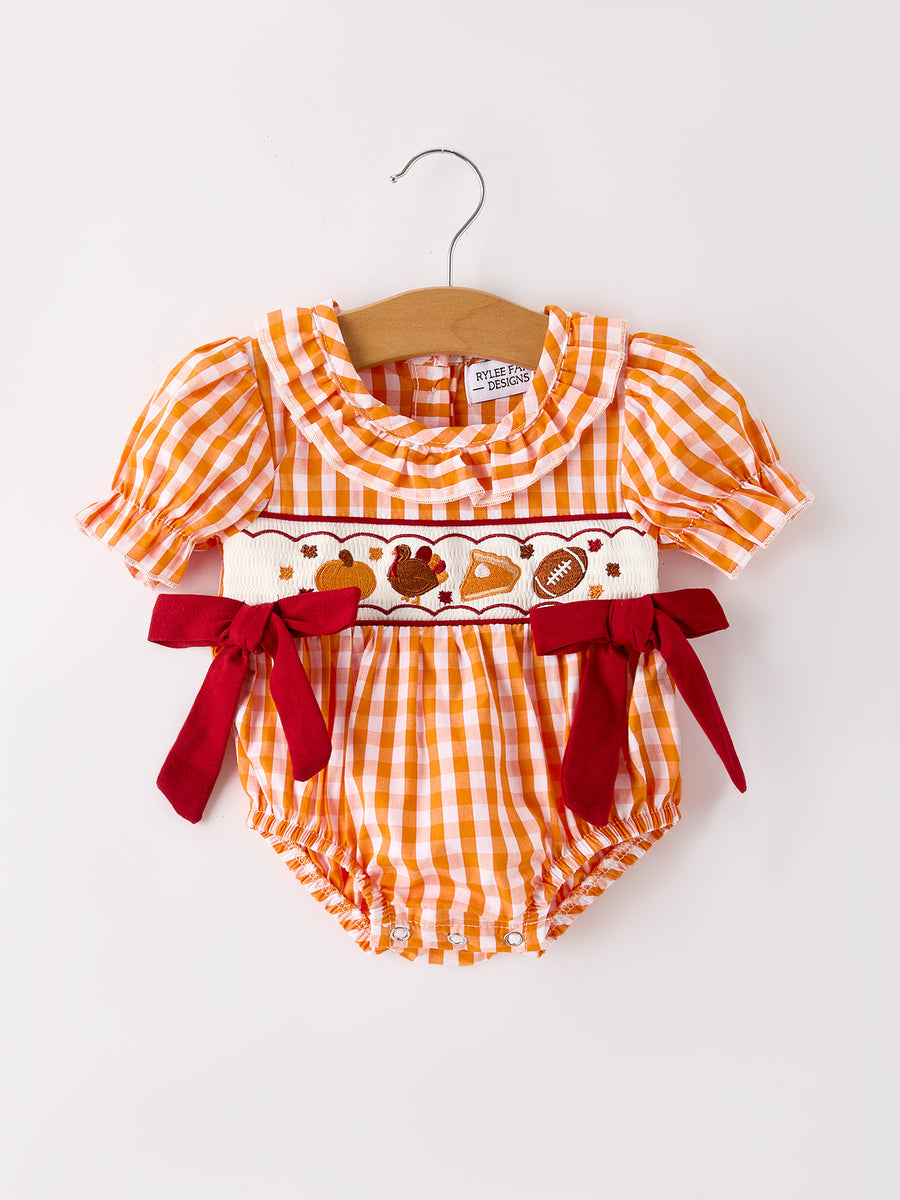 Fall Embroidered Romper for Baby Girls – Orange Checkered with Halloween Details