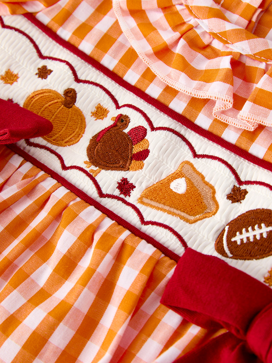 Fall Embroidered Romper for Baby Girls – Orange Checkered with Halloween Details