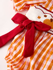 Fall Embroidered Romper for Baby Girls – Orange Checkered with Halloween Details