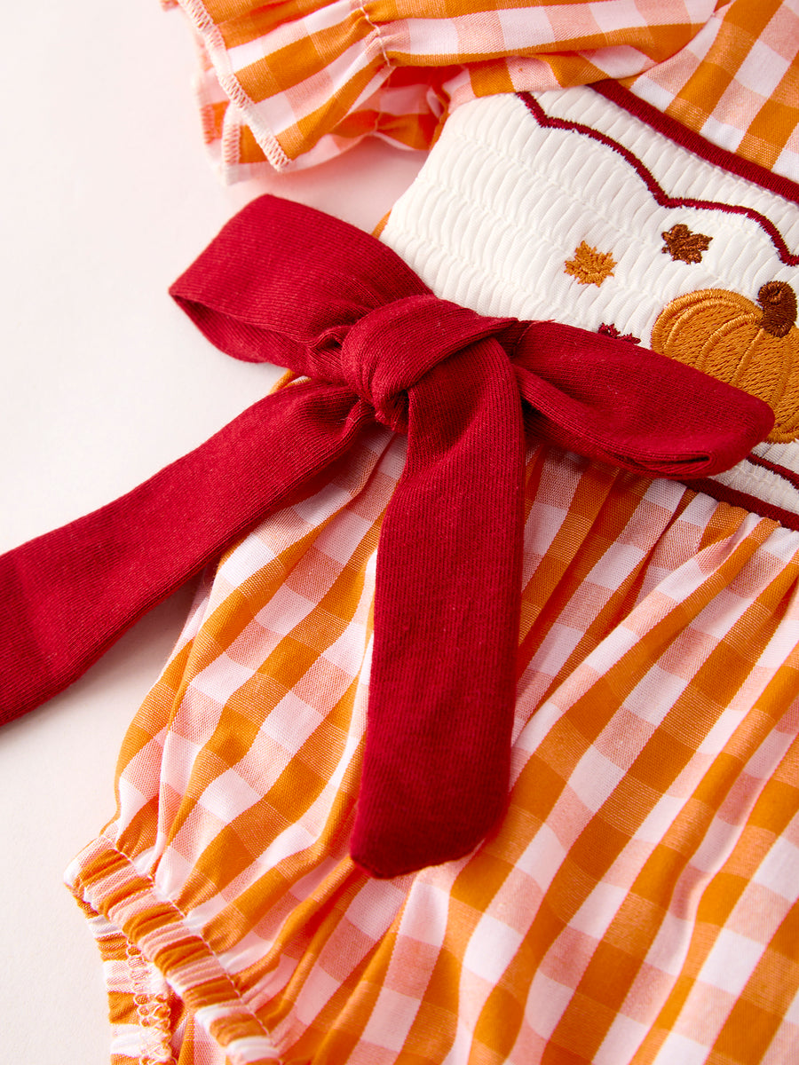 Fall Embroidered Romper for Baby Girls – Orange Checkered with Halloween Details