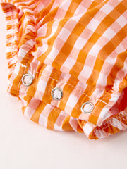 Fall Embroidered Romper for Baby Girls – Orange Checkered with Halloween Details