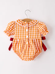 Fall Embroidered Romper for Baby Girls – Orange Checkered with Halloween Details