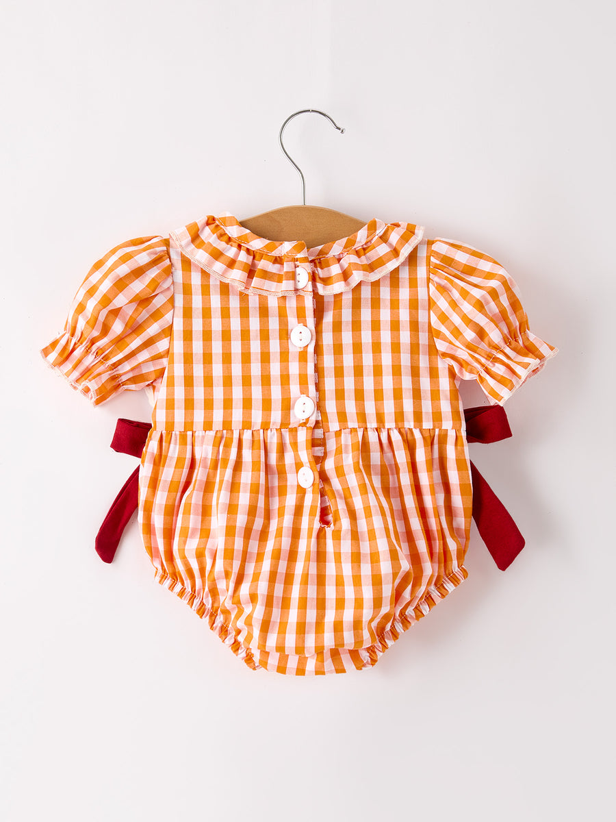 Fall Embroidered Romper for Baby Girls – Orange Checkered with Halloween Details