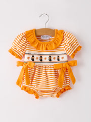 Halloween Striped Baby Girls Romper with Cat Smocking Embroidery –  Perfect for Fall