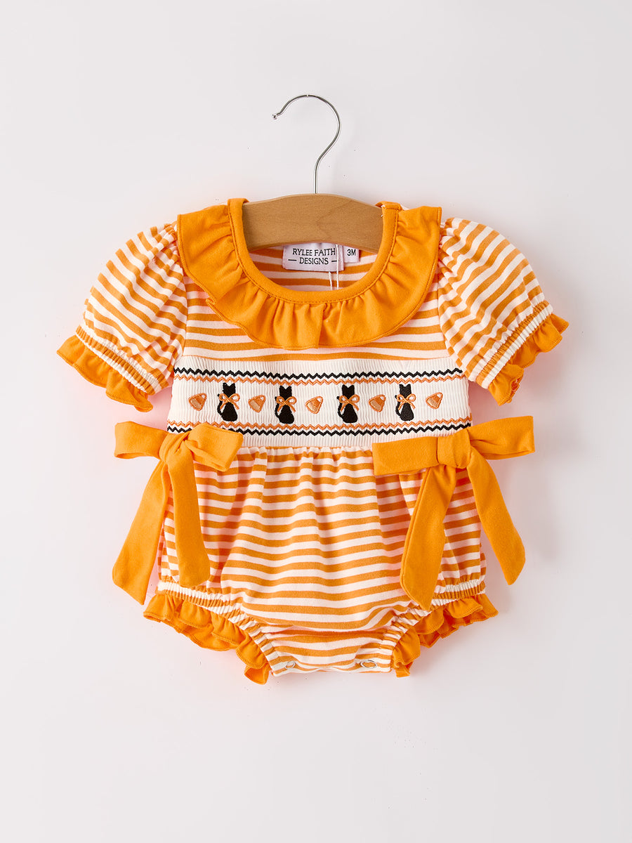 Halloween Striped Baby Girls Romper with Cat Smocking Embroidery –  Perfect for Fall