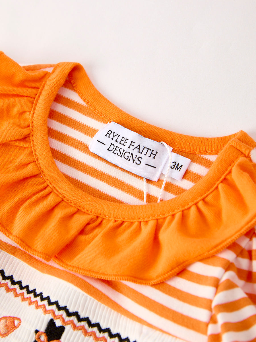 Halloween Striped Baby Girls Romper with Cat Smocking Embroidery –  Perfect for Fall