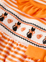 Halloween Striped Baby Girls Romper with Cat Smocking Embroidery –  Perfect for Fall