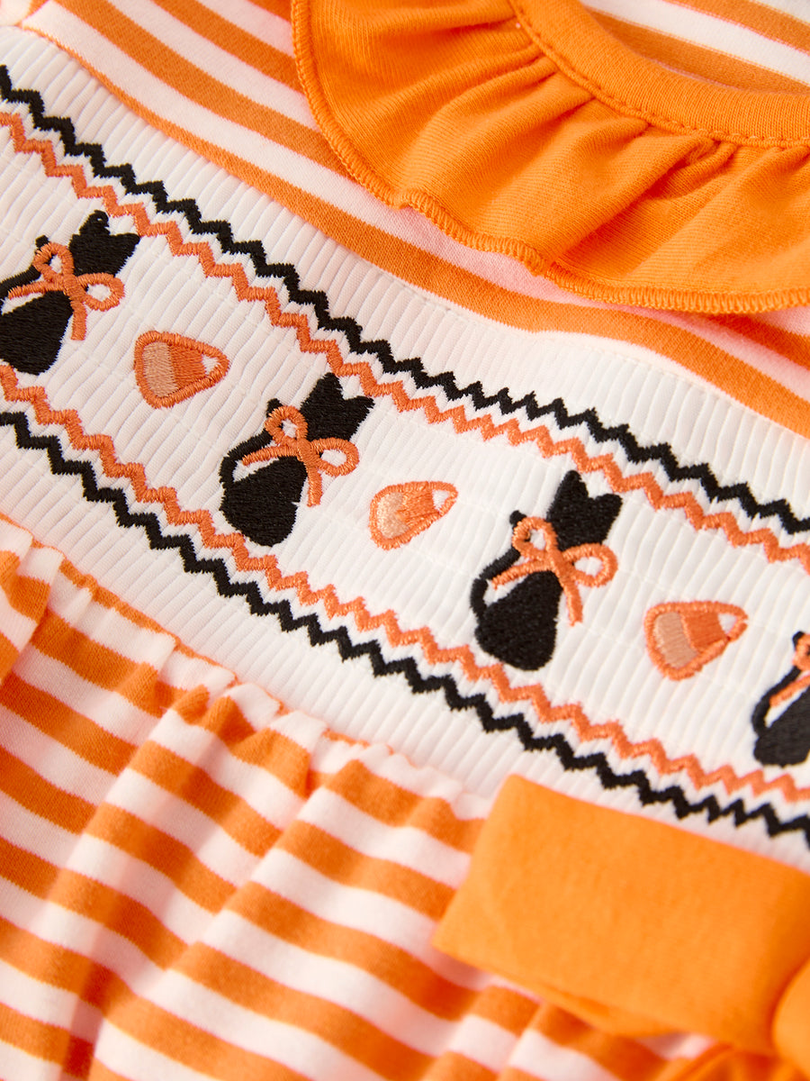 Halloween Striped Baby Girls Romper with Cat Smocking Embroidery –  Perfect for Fall