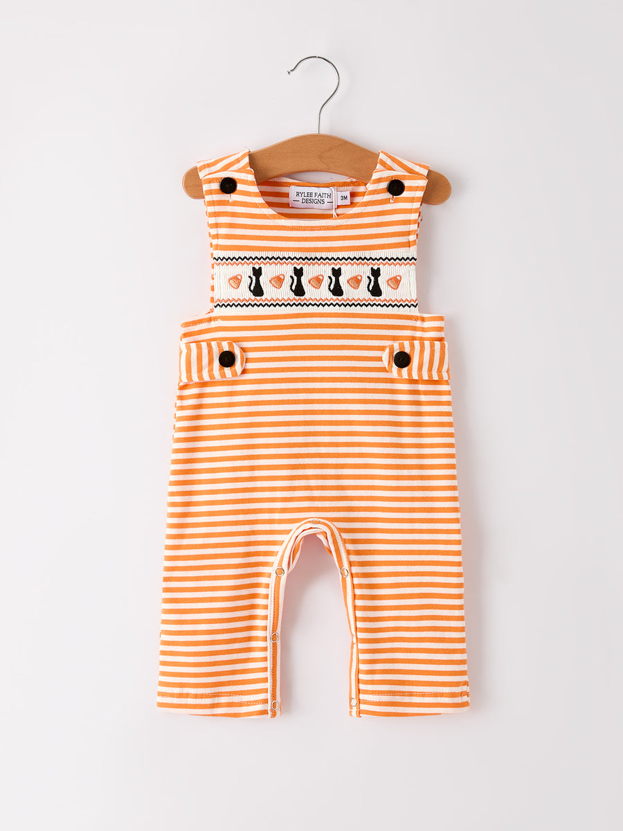 Halloween Striped Baby Boys Romper with Cat Smocking Embroidery –  Perfect for Fall