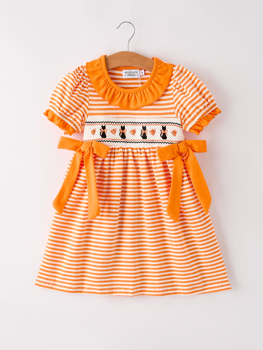 Halloween Striped Dress with Cat Smocking Embroidery –  Perfect for Fall