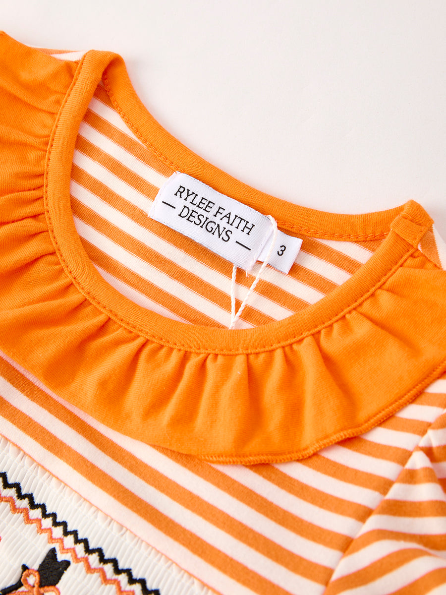 Halloween Striped Dress with Cat Smocking Embroidery –  Perfect for Fall