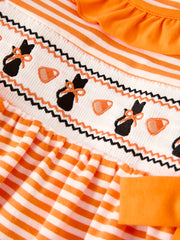 Halloween Striped Dress with Cat Smocking Embroidery –  Perfect for Fall