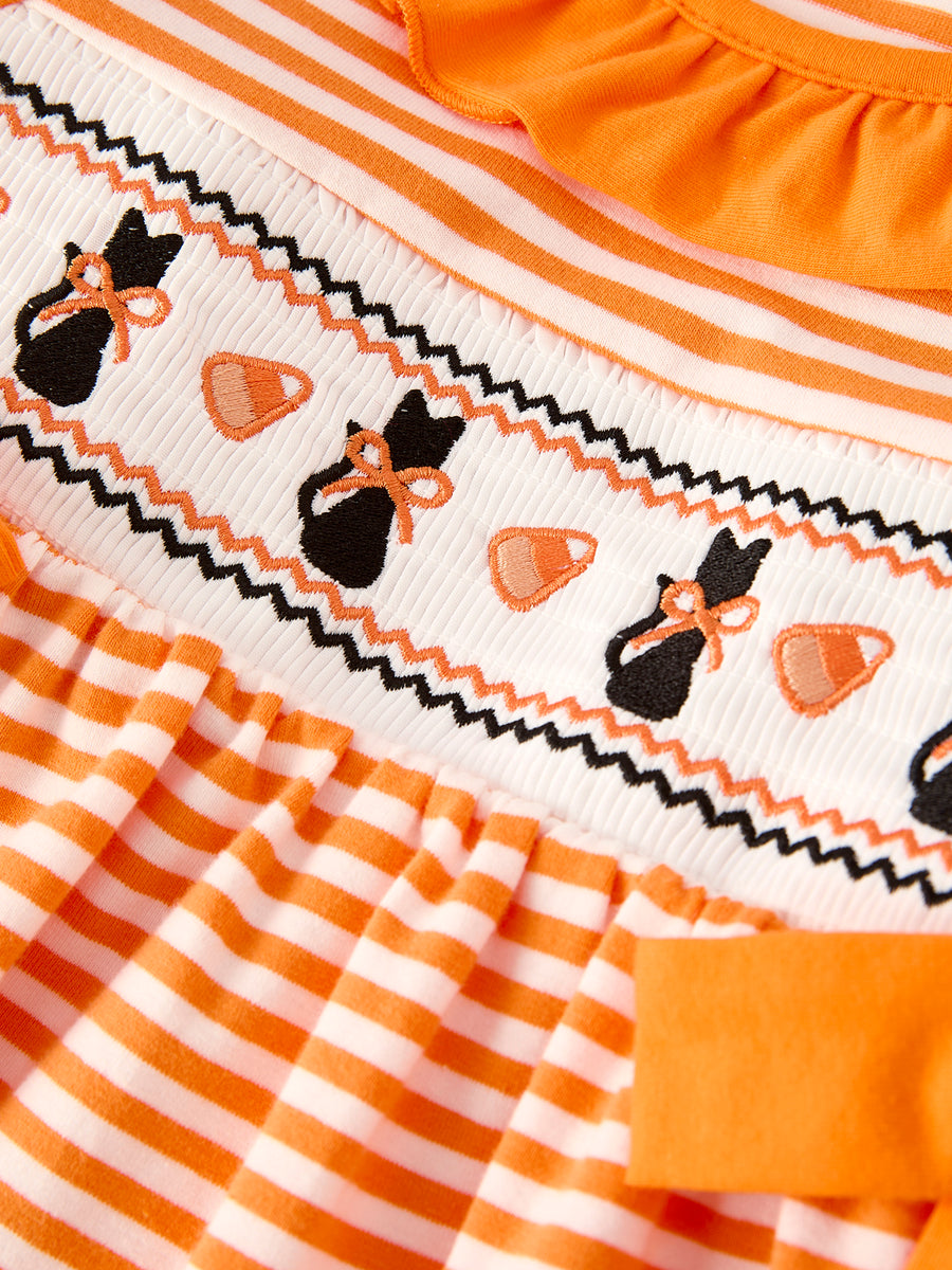 Halloween Striped Dress with Cat Smocking Embroidery –  Perfect for Fall