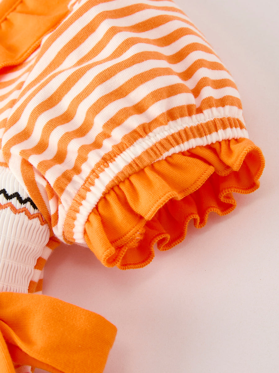 Halloween Striped Dress with Cat Smocking Embroidery –  Perfect for Fall