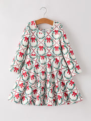 Winter Christmas Wreath & Bow Print Girls Dress