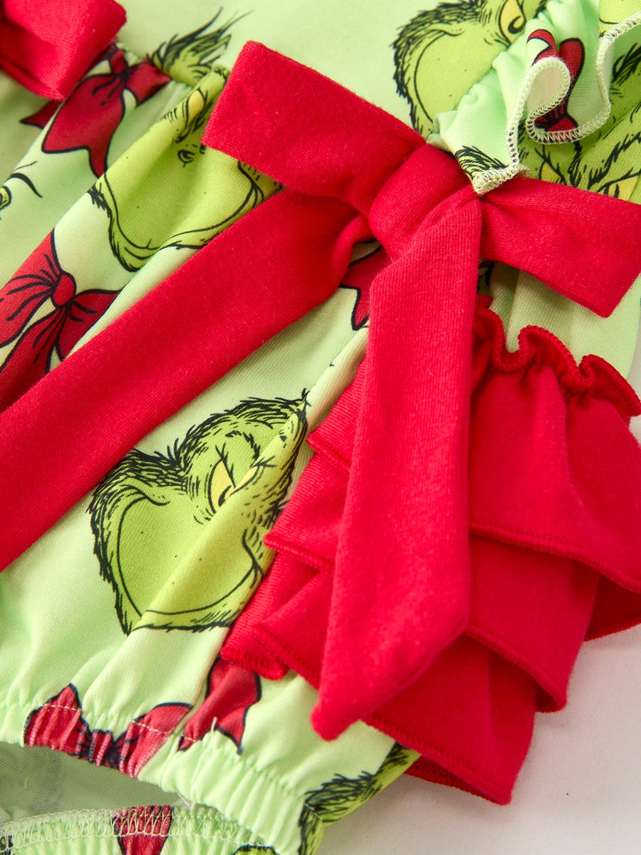 Christmas Baby Girls Romper with Character Print and Red Bows