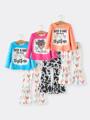 Farm Colorful Chicken Print Top and Flared Pants Set for Girls