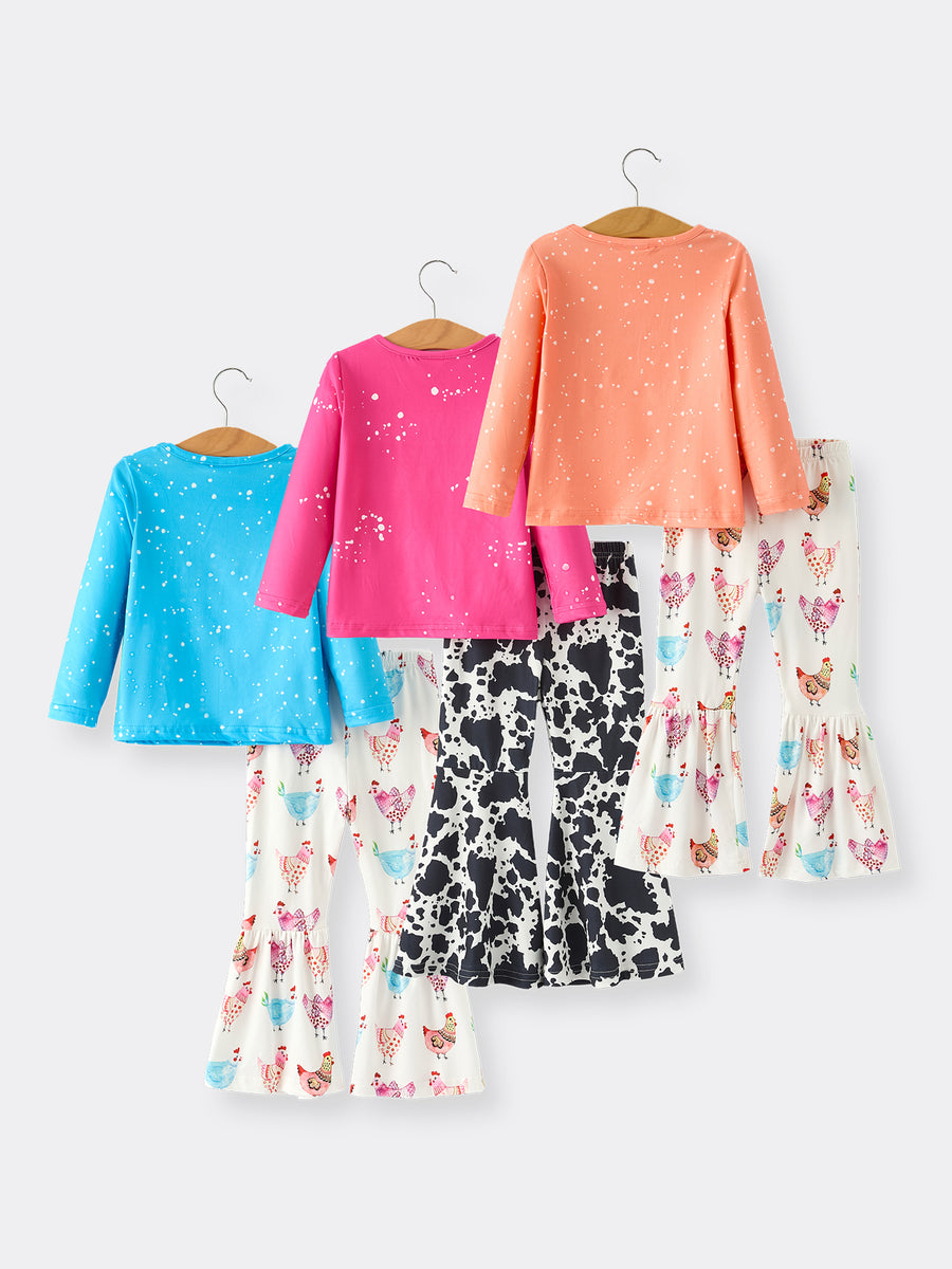 Farm Colorful Chicken Print Top and Flared Pants Set for Girls