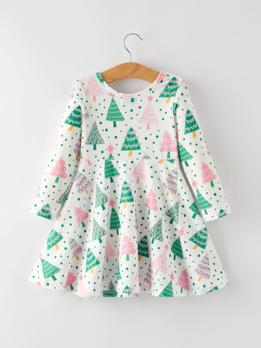 Cute Holiday Dress with Christmas Tree and Snow Prints