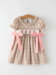 Christmas Vintage-Style Plaid Dress with Embroidered Gingerbread and Bows