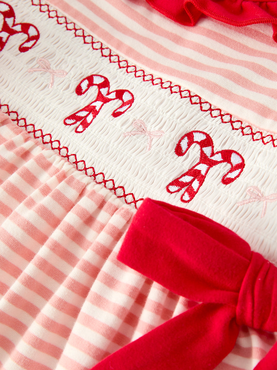 Christmas Candy Cane Smocking Embroidery Striped Girls Dress
