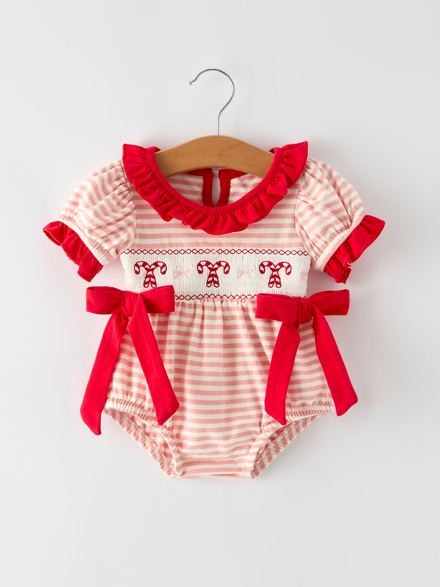 Christmas Candy Cane Smocking Embroidery Striped Baby Girls Romper