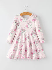 Christmas Pink Santa Claus Print Girls Dress