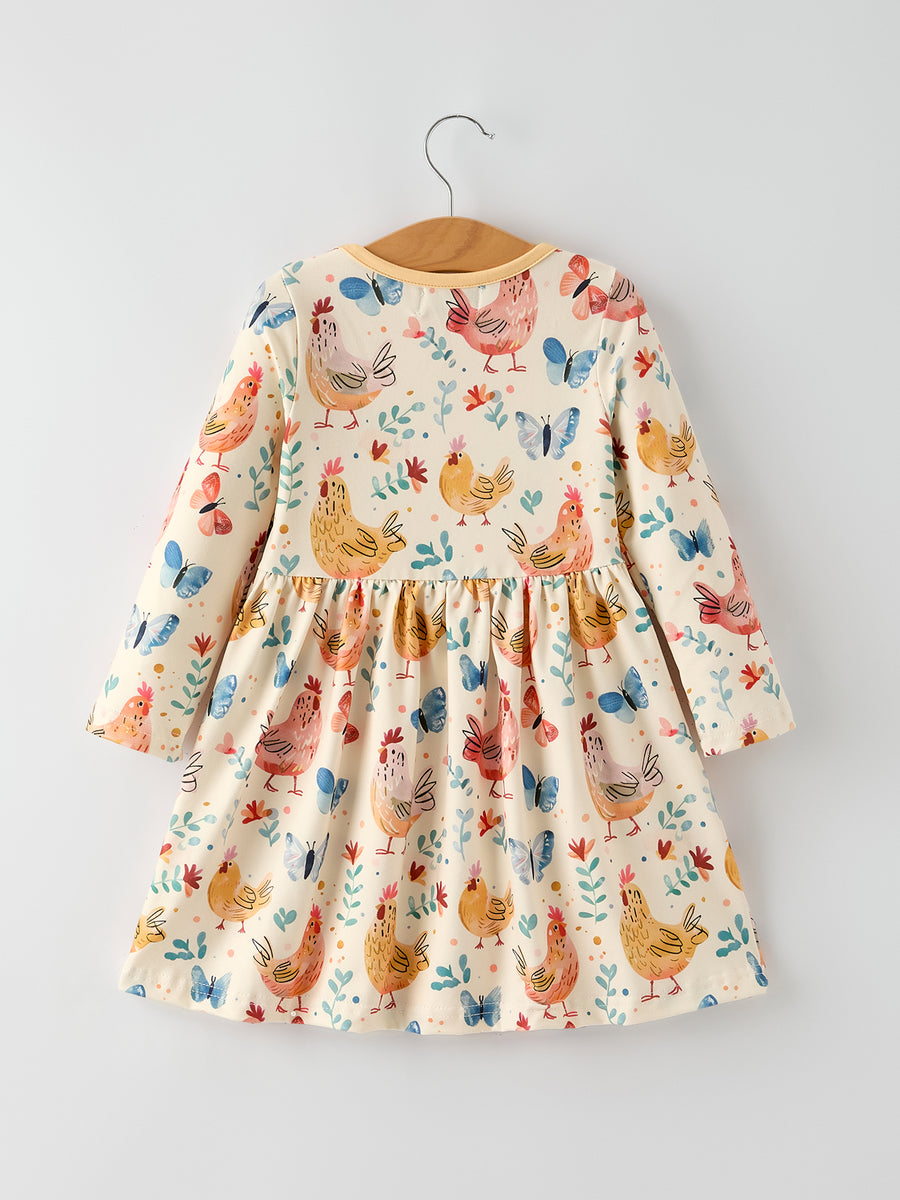 Charming Chicken & Butterfly Girls Dress with Cute Ruffled Pockets