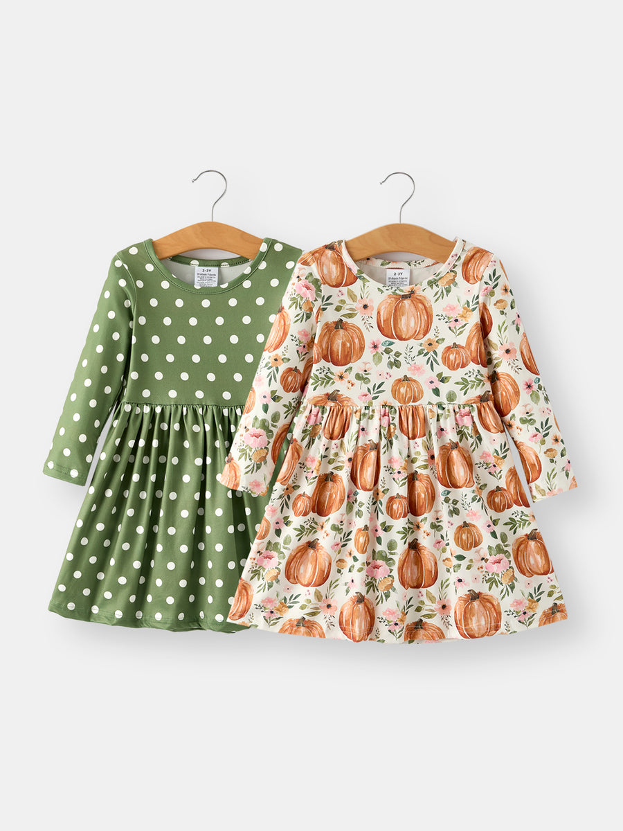 Fall Thanksgiving & Halloween Pumpkin Floral Print Long Sleeve Dress（2pcs）