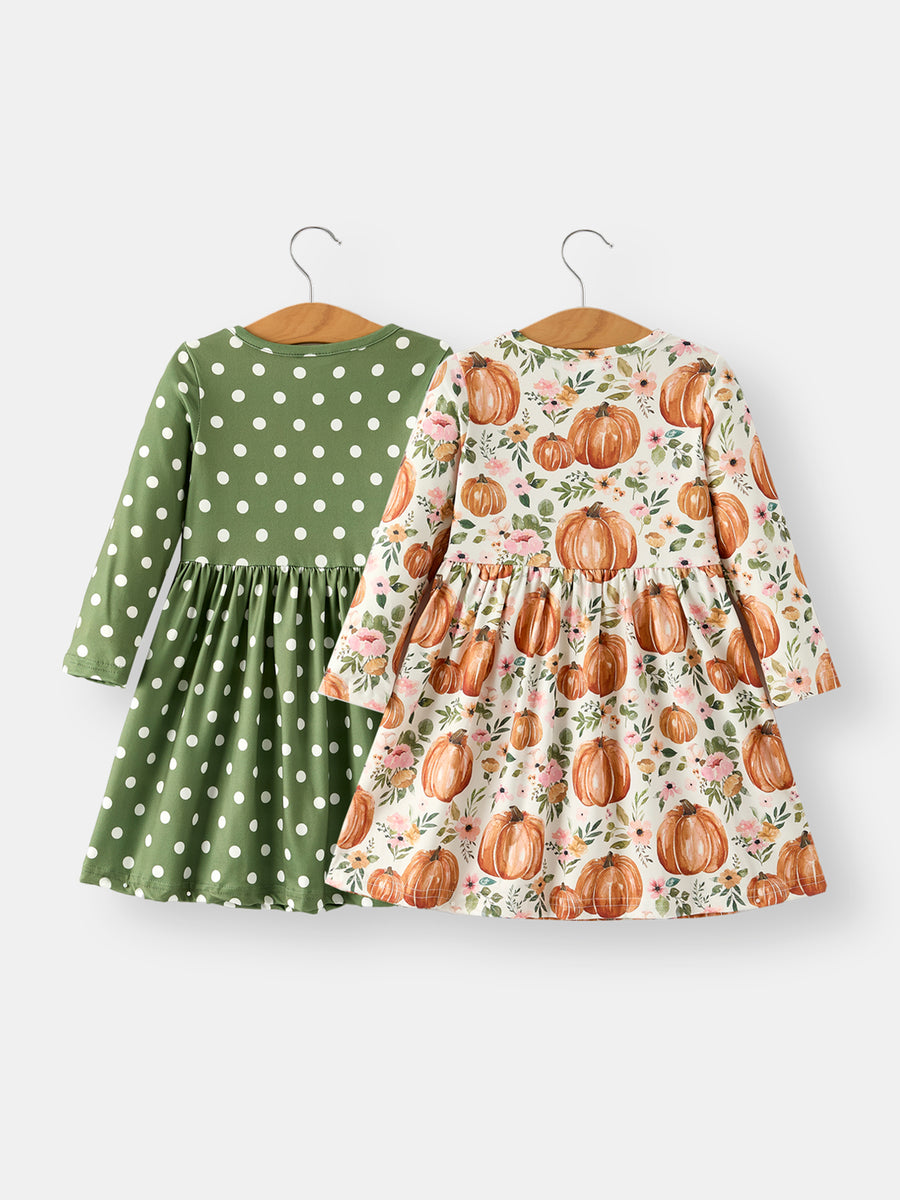 Fall Thanksgiving & Halloween Pumpkin Floral Print Long Sleeve Dress（2pcs）