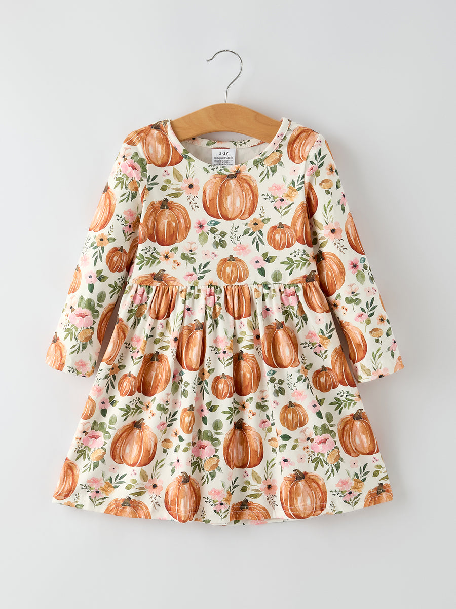 Fall Thanksgiving & Halloween Pumpkin Floral Print Long Sleeve Dress（2pcs）