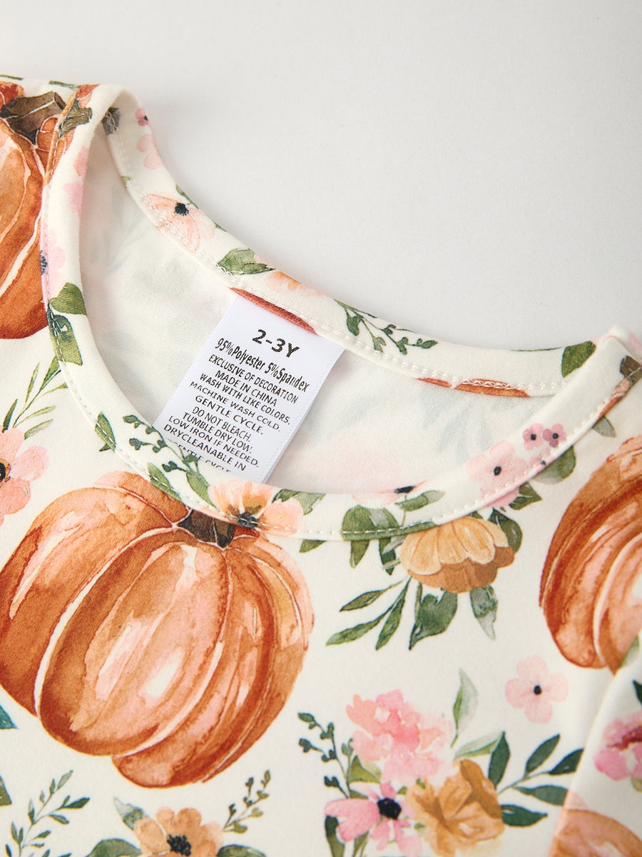 Fall Thanksgiving & Halloween Pumpkin Floral Print Long Sleeve Dress（2pcs）
