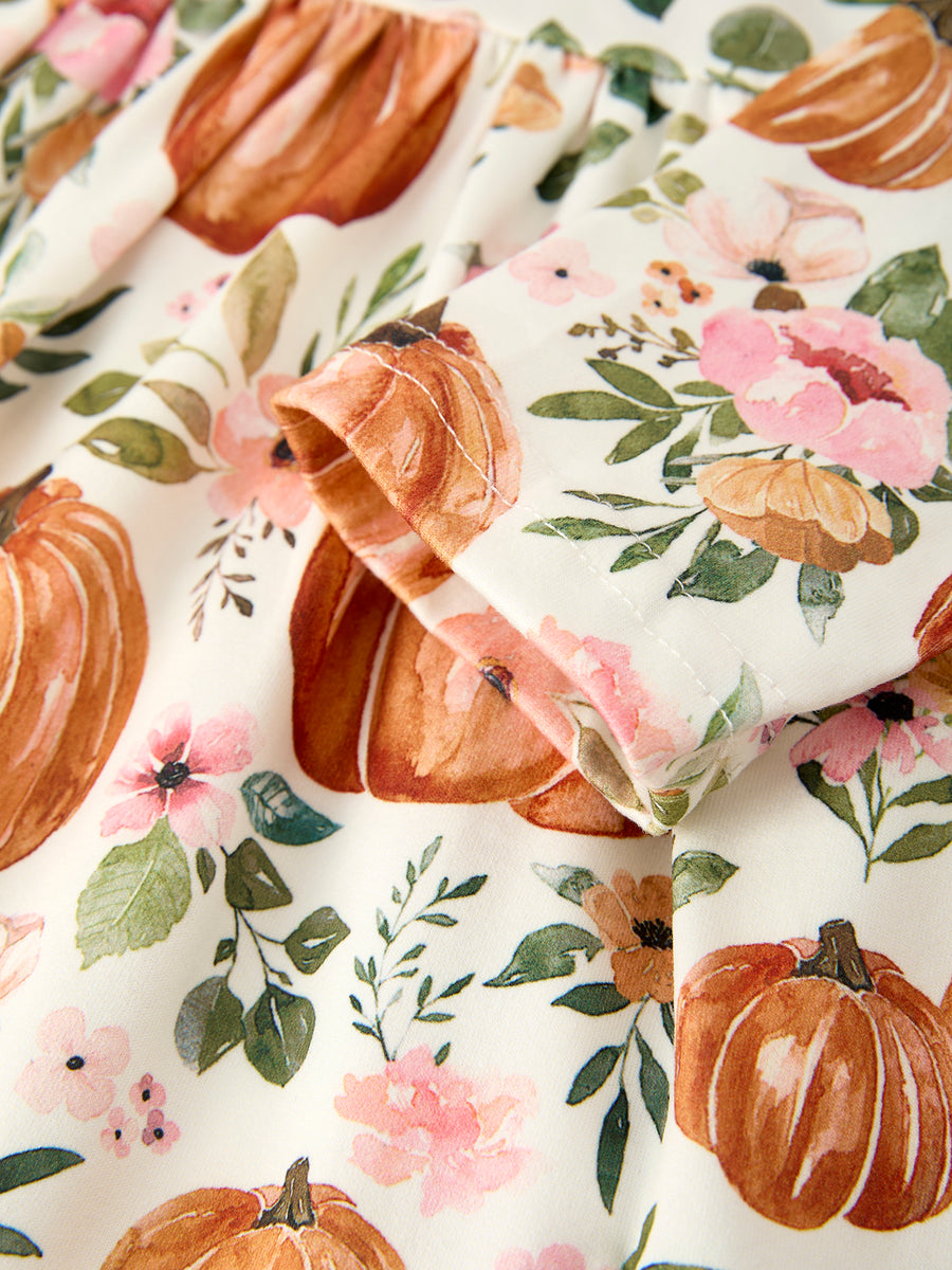 Fall Thanksgiving & Halloween Pumpkin Floral Print Long Sleeve Dress（2pcs）