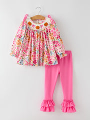 Fall Thanksgiving Pumpkin Embroidered Ruffled Pink Leggings Girls Set
