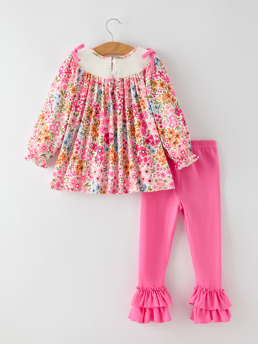 Fall Thanksgiving Pumpkin Embroidered Ruffled Pink Leggings Girls Set