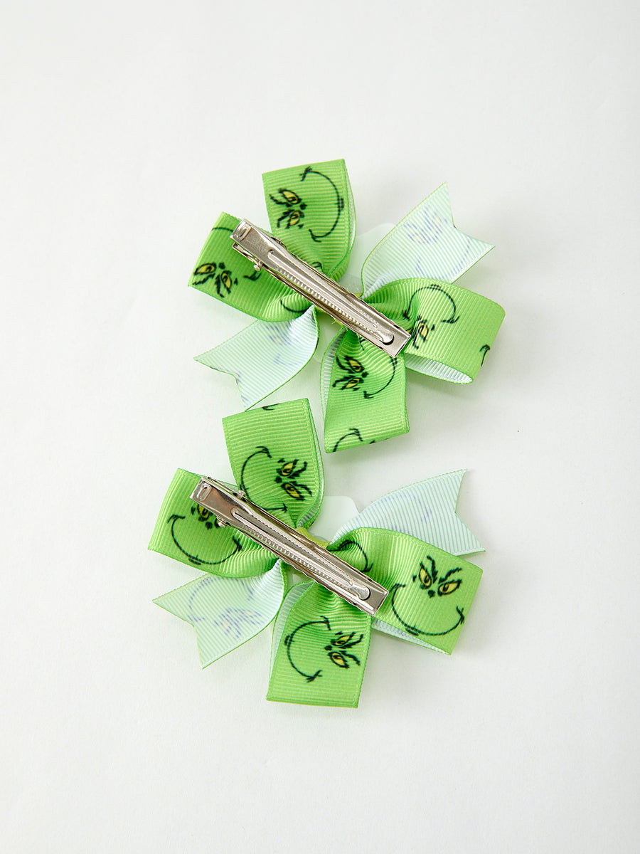 Christmas Character Green Bow 3.3 inch Hairpin (2pcs)