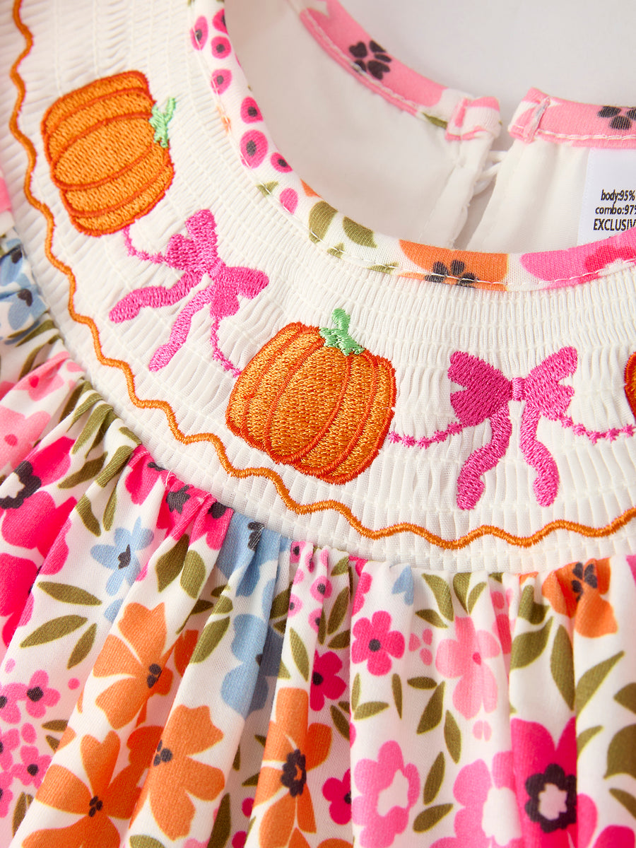 Fall Thanksgiving Pumpkin Embroidered Ruffled Pink Leggings Girls Set